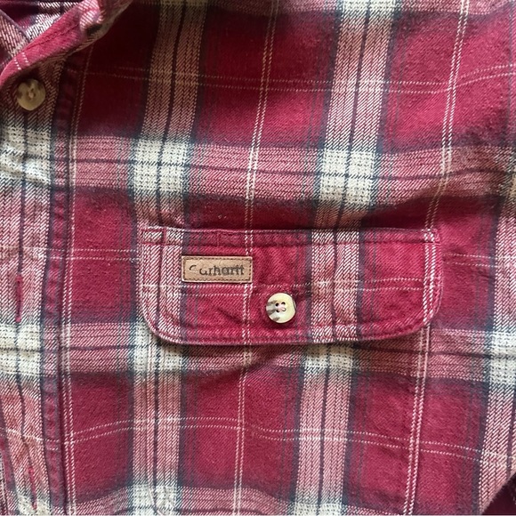Carhartt Men's Burgundy Plaid Button Down Heavy Flannel Shirt - Picture 2 of 6